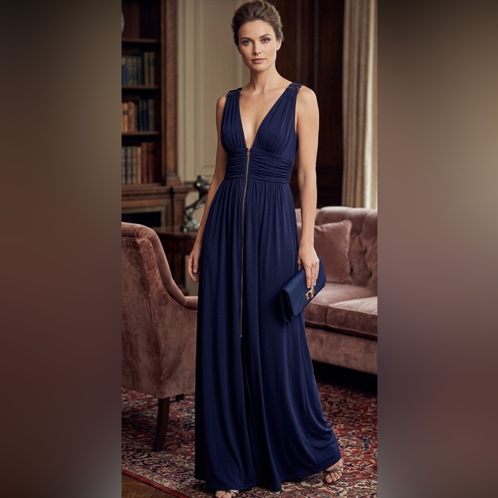 Lucca Couture Sleeveless Deep V Neck Dark Navy Maxi Dress Medium